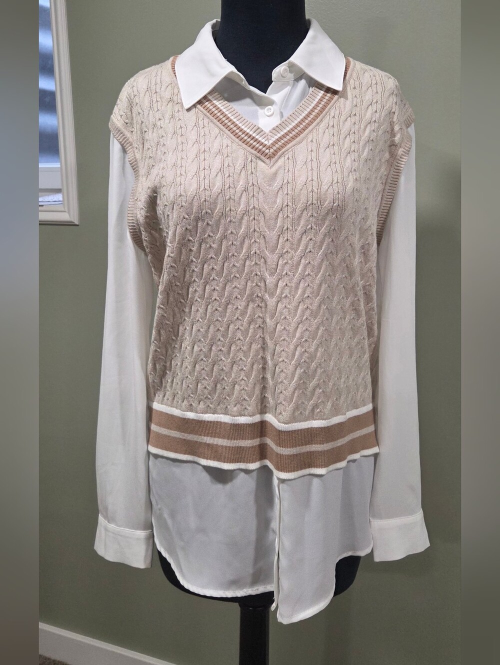 Adrianna Papell Layered Cable Knit Sweater Vest Blouse Top Size S